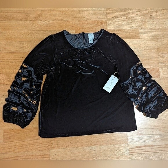 JOIE NWT Black Anthro Velvet Lace Cut Out Sleeve Top Blouse L - Picture 1 of 11